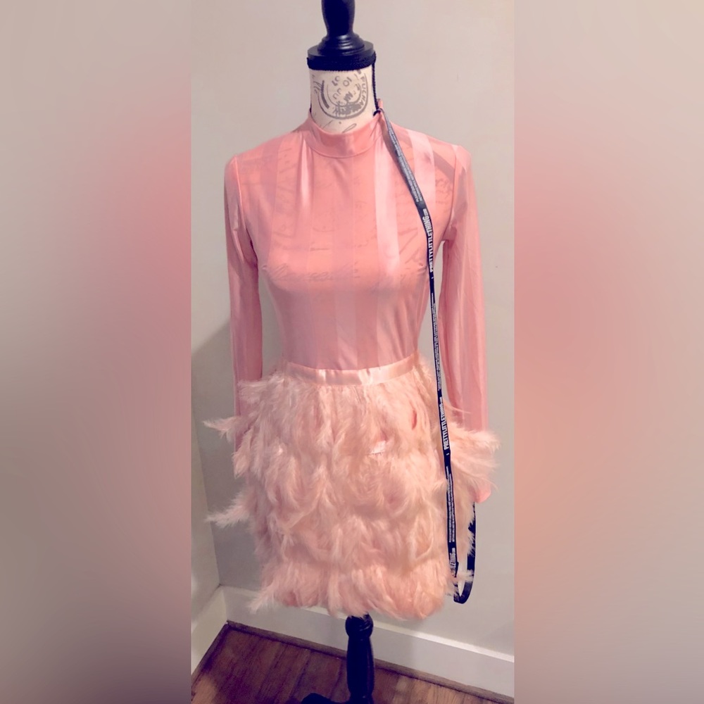 New Sheer lined blush feather dress by “pretty little things” size 8